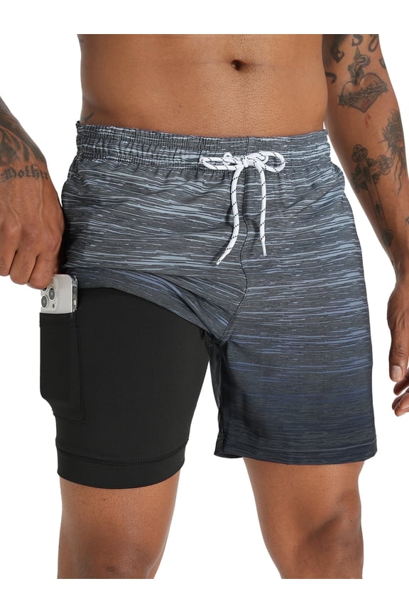 Mens Swim Trunks With 2 in 1 Compression Liner 5.5"Board Shorts Quick Dry Swimming Bathing Suit Summer Beach Shorts Gradient Gray MK270