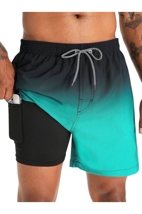 Mens Swim Trunks With 2 in 1 Compression Liner 5.5"Board Shorts Quick Dry Swimming Bathing Suit Summer Beach Shorts Gradient Green MK183