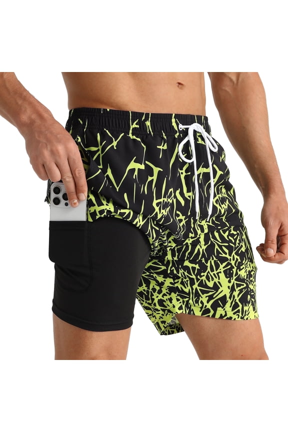 Mens Swim Trunks With 2 in 1 Compression Liner 5.5"Board Shorts Quick Dry Swimming Bathing Suit Summer Beach Shorts Yellow MK319 M