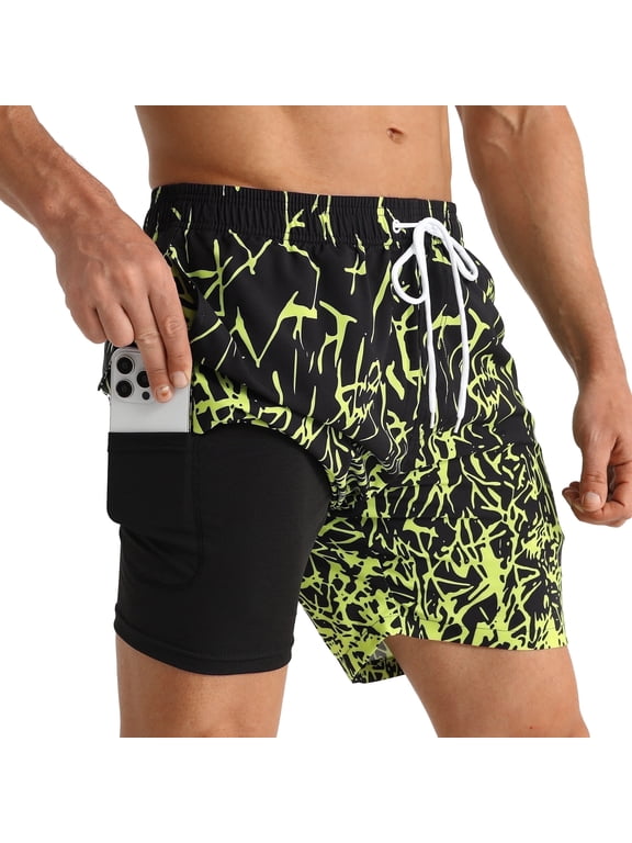 Mens Swim Trunks With 2 in 1 Compression Liner 5.5"Board Shorts Quick Dry Swimming Bathing Suit Summer Beach Shorts Yellow MK319 M