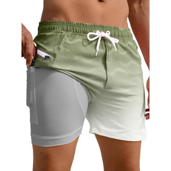 APTRO Mens Swim Trunks with Compression Liner 5" Quick Dry Bathing Suit Swim Shorts with Zipper Pockets Board Shorts Swimsuit Army Green XL