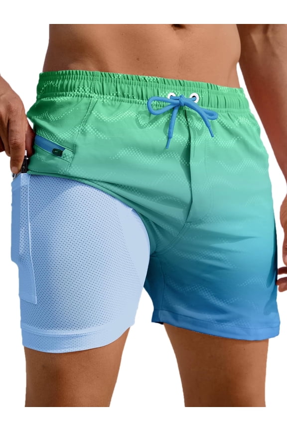 Mens Swim Trunks with Compression Liner 5" Quick Dry Bathing Suit Swim Shorts with Zipper Pockets Board Shorts Swimsuit Blue Green S