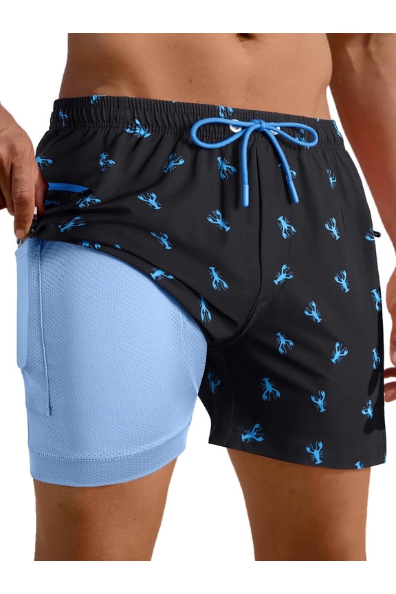 Mens Swim Trunks with Compression Liner 5" Quick Dry Bathing Suit Swim Shorts with Zipper Pockets Board Shorts Swimsuit Blue-black Lobster L