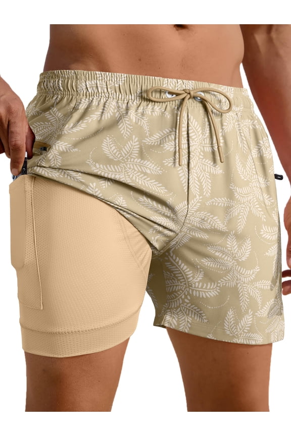 Mens Swim Trunks with Compression Liner 5" Quick Dry Bathing Suit Swim Shorts with Zipper Pockets Board Shorts Swimsuit Brown Leaves L