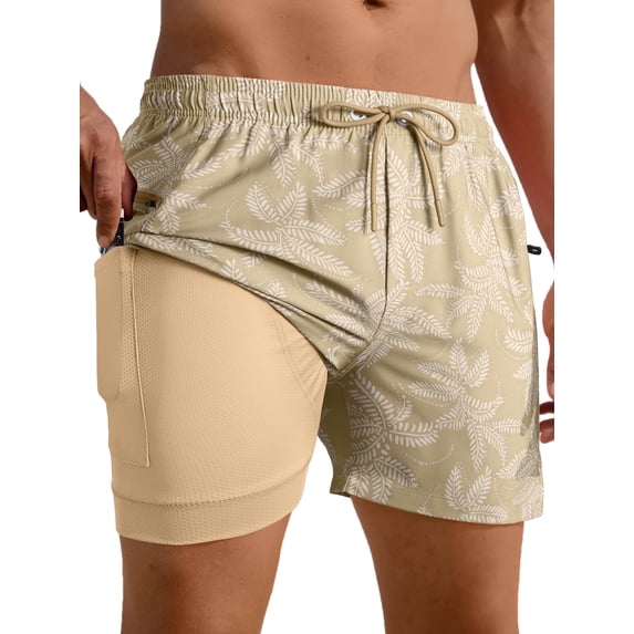 APTRO Mens Swim Trunks with Compression Liner 5" Quick Dry Bathing Suit Swim Shorts with Zipper Pockets Board Shorts Swimsuit Brown Leaves M