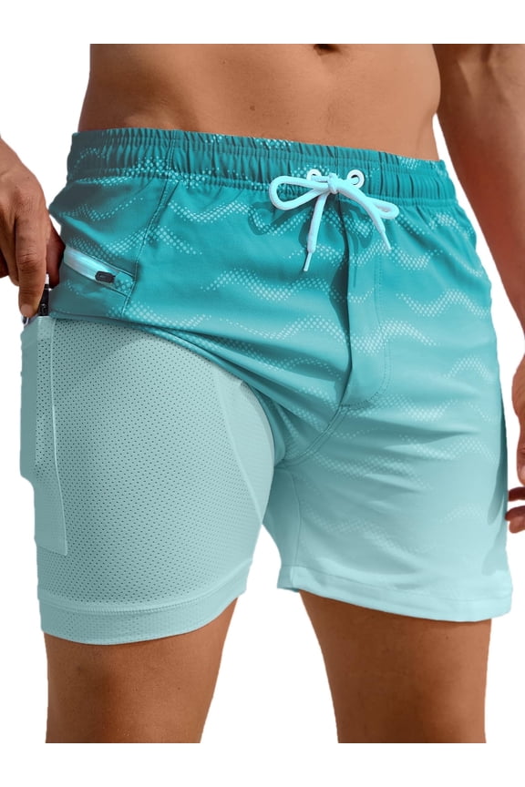 Mens Swim Trunks with Compression Liner 5" Quick Dry Bathing Suit Swim Shorts with Zipper Pockets Board Shorts Swimsuit Cyan L