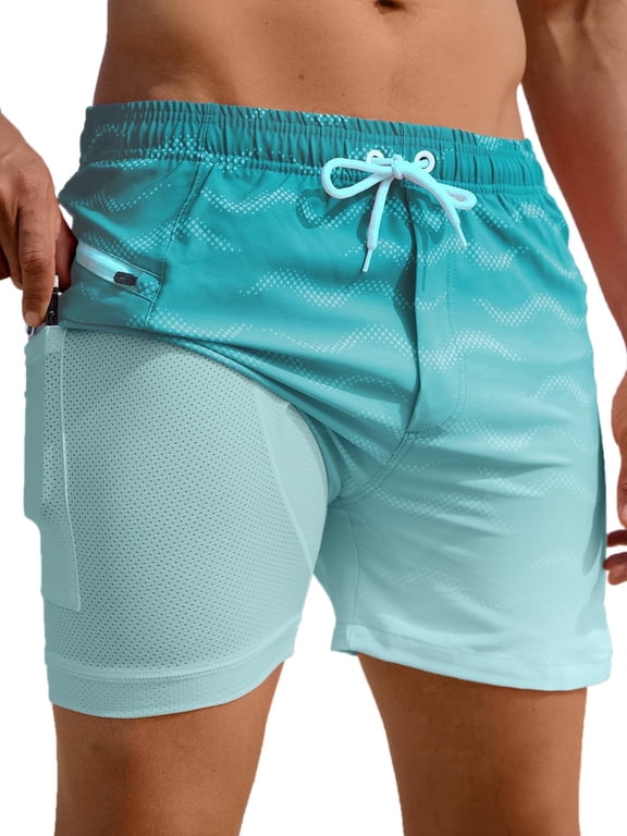 Mens Swim Trunks with Compression Liner 5" Quick Dry Bathing Suit Swim Shorts with Zipper Pockets Board Shorts Swimsuit Cyan L