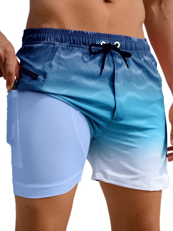 Mens Swim Trunks with Compression Liner 5" Quick Dry Bathing Suit Swim Shorts with Zipper Pockets Board Shorts Swimsuit Dark Blue 3XL