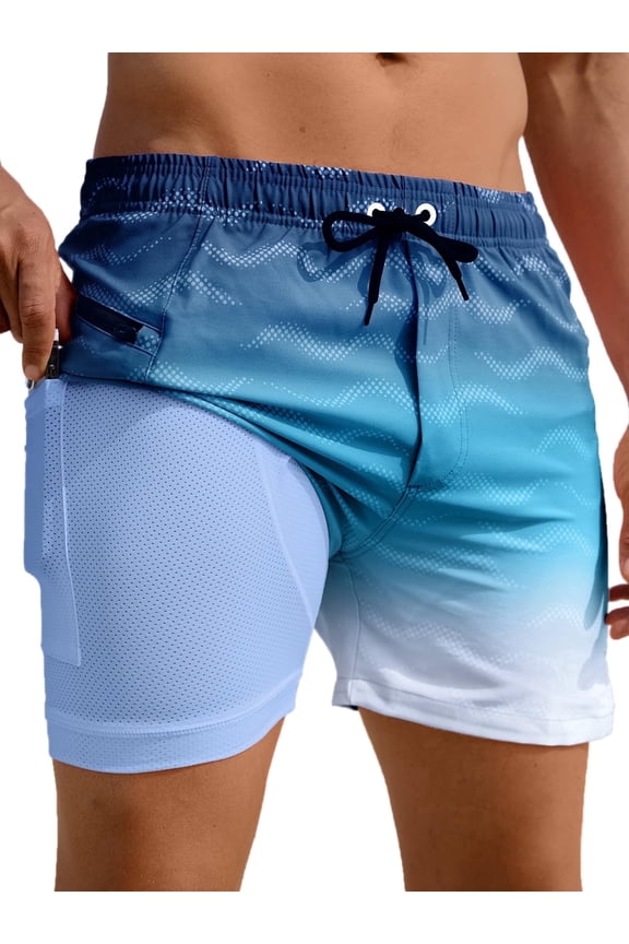 Mens Swim Trunks with Compression Liner 5" Quick Dry Bathing Suit Swim Shorts with Zipper Pockets Board Shorts Swimsuit Dark Blue L