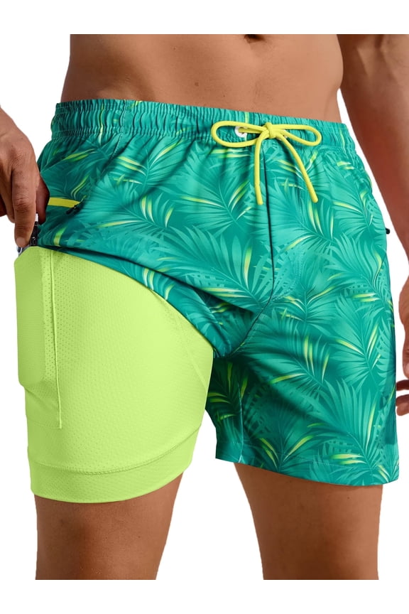 Mens Swim Trunks with Compression Liner 5" Quick Dry Bathing Suit Swim Shorts with Zipper Pockets Board Shorts Swimsuit Green Leaf 01 XL
