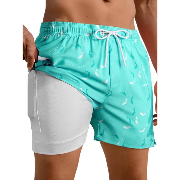 APTRO Mens Swim Trunks with Compression Liner 5" Quick Dry Bathing Suit Swim Shorts with Zipper Pockets Board Shorts Swimsuit Mint Fish XL