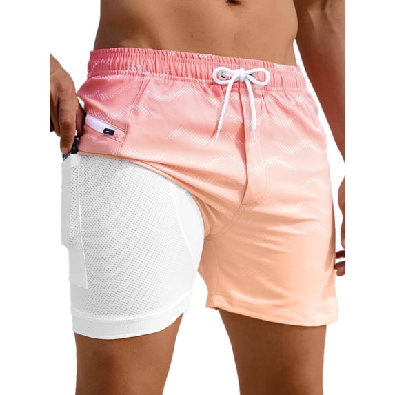 APTRO Mens Swim Trunks with Compression Liner 5" Quick Dry Bathing Suit Swim Shorts with Zipper Pockets Board Shorts Swimsuit Pink 2XL