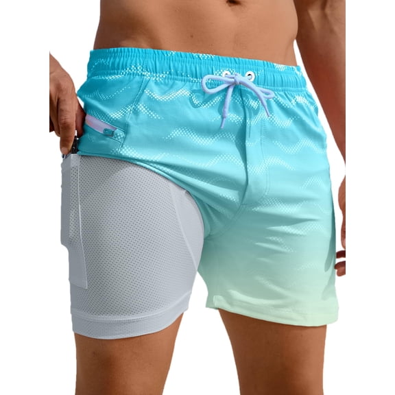 APTRO Mens Swim Trunks with Compression Liner 5" Quick Dry Bathing Suit Swim Shorts with Zipper Pockets Board Shorts Swimsuit light Blue 2XL