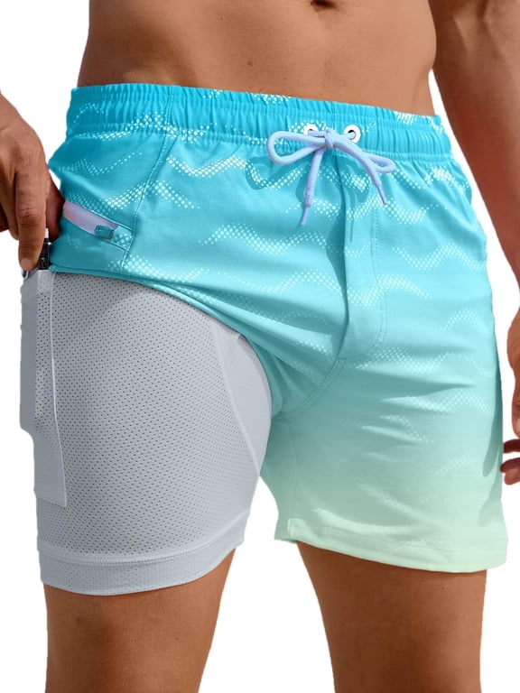 Mens Swim Trunks with Compression Liner 5" Quick Dry Bathing Suit Swim Shorts with Zipper Pockets Board Shorts Swimsuit light Blue L