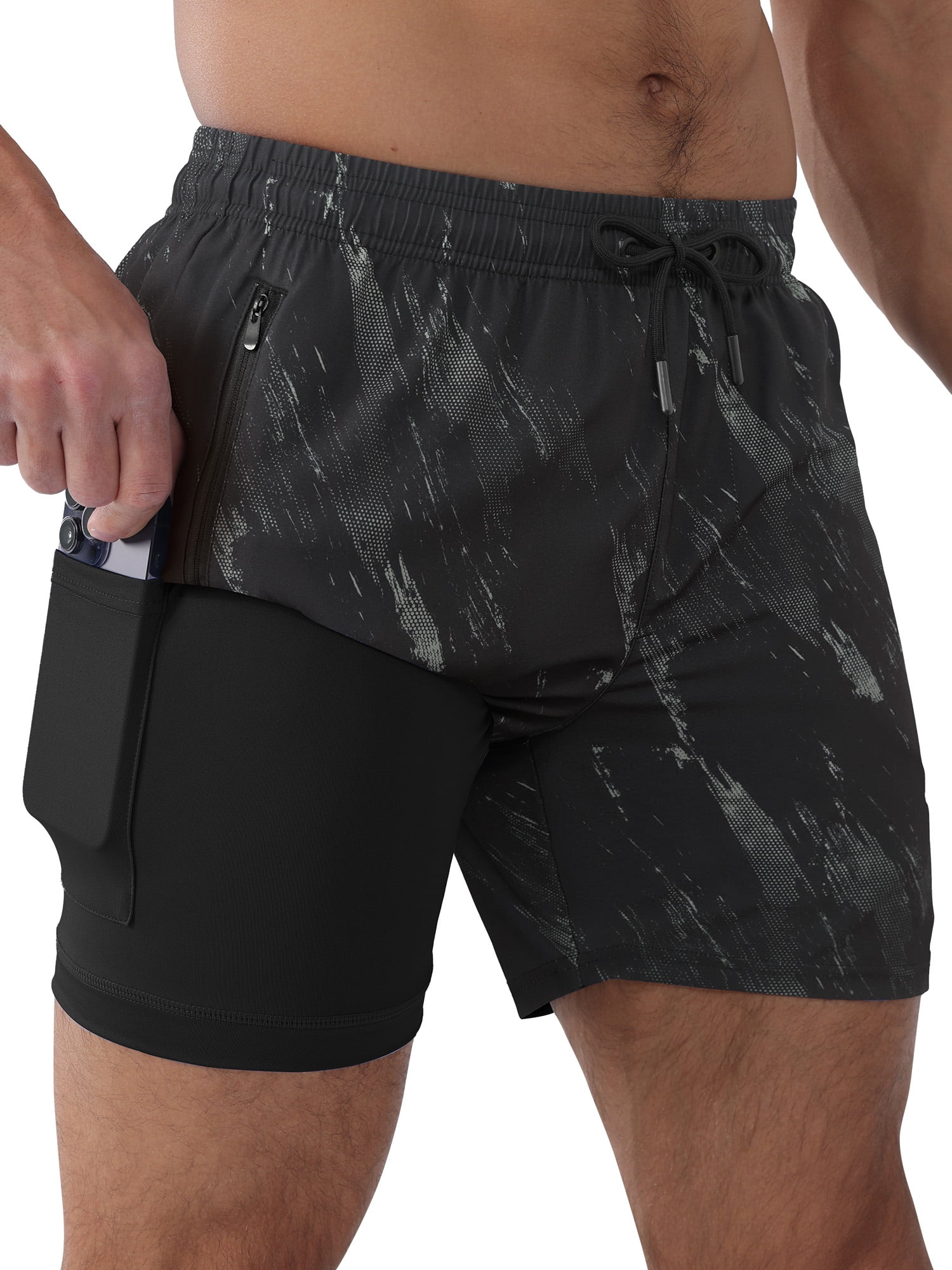 APTRO Mens Swim Trunks with Compression Liner 5 inch Inseam Quick Dry 2 in 1 Beach Bathing suits with Zipper Pockets 1-Black 2XL