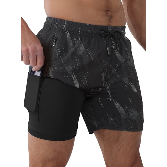 APTRO Mens Swim Trunks with Compression Liner 5 inch Inseam Quick Dry 2 in 1 Beach Bathing suits with Zipper Pockets 1-Black L