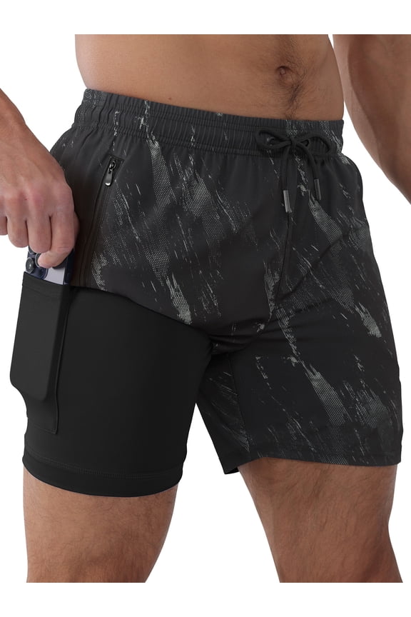 Mens Swim Trunks with Compression Liner 5 inch Inseam Quick Dry 2 in 1 Beach Bathing suits with Zipper Pockets 1-Black L