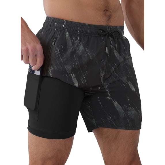 APTRO Mens Swim Trunks with Compression Liner 5 inch Inseam Quick Dry 2 in 1 Beach Bathing suits with Zipper Pockets 1-Black L