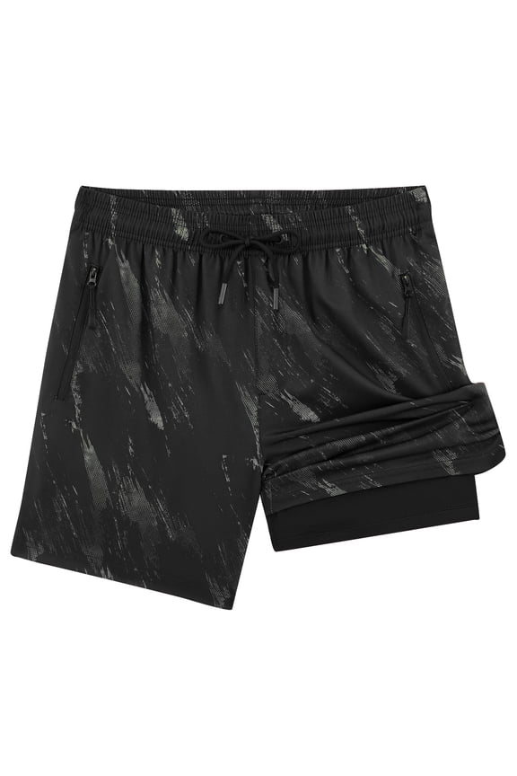 Mens Swim Trunks with Compression Liner 5 inch Inseam Quick Dry 2 in 1 Beach Bathing suits with Zipper Pockets 1-Black L