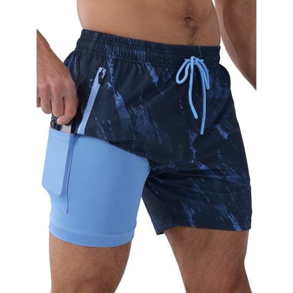 APTRO Mens Swim Trunks with Compression Liner 5 inch Inseam Quick Dry 2 in 1 Beach Bathing suits with Zipper Pockets 1-Blue L