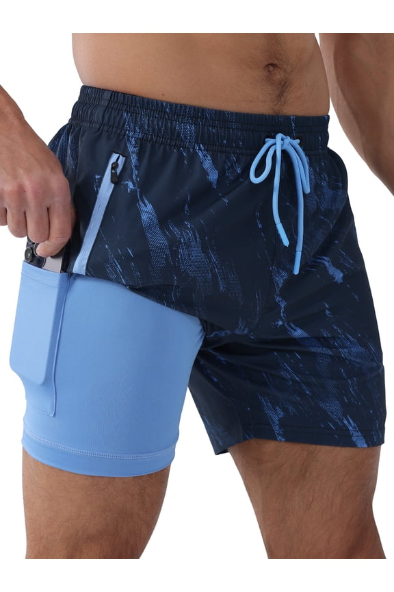 Mens Swim Trunks with Compression Liner 5 inch Inseam Quick Dry 2 in 1 Beach Bathing suits with Zipper Pockets 1-Blue L