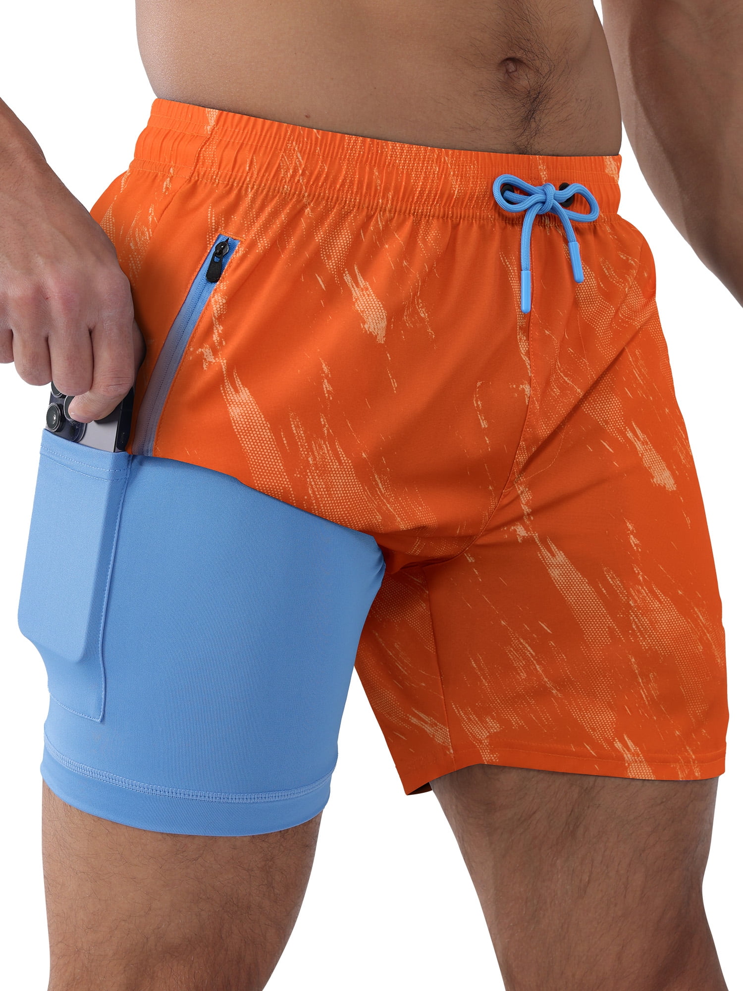 APTRO Mens Swim Trunks with Compression Liner 5 inch Inseam Quick Dry 2 in 1 Beach Bathing suits with Zipper Pockets 1-Orange L