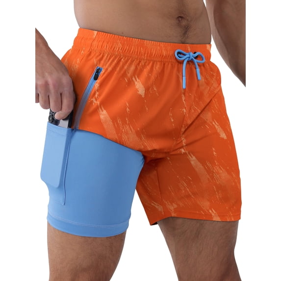 APTRO Mens Swim Trunks with Compression Liner 5 inch Inseam Quick Dry 2 in 1 Beach Bathing suits with Zipper Pockets 1-Orange XL