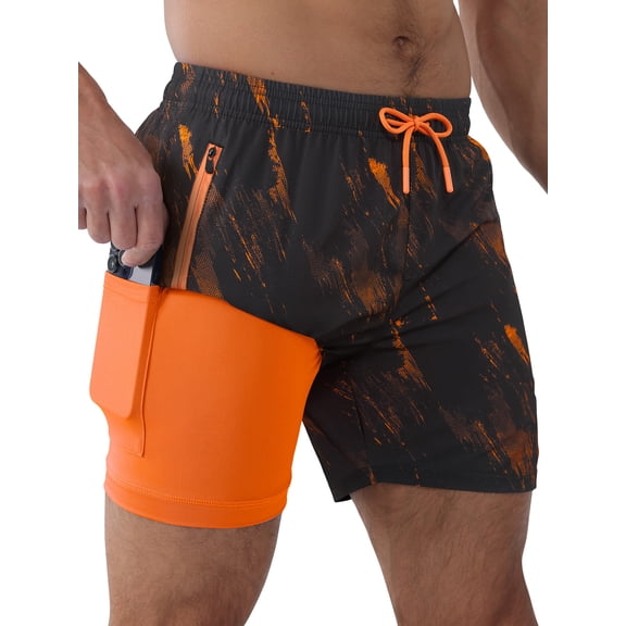 APTRO Mens Swim Trunks with Compression Liner 5 inch Inseam Quick Dry 2 in 1 Beach Bathing suits with Zipper Pockets Orange02 L