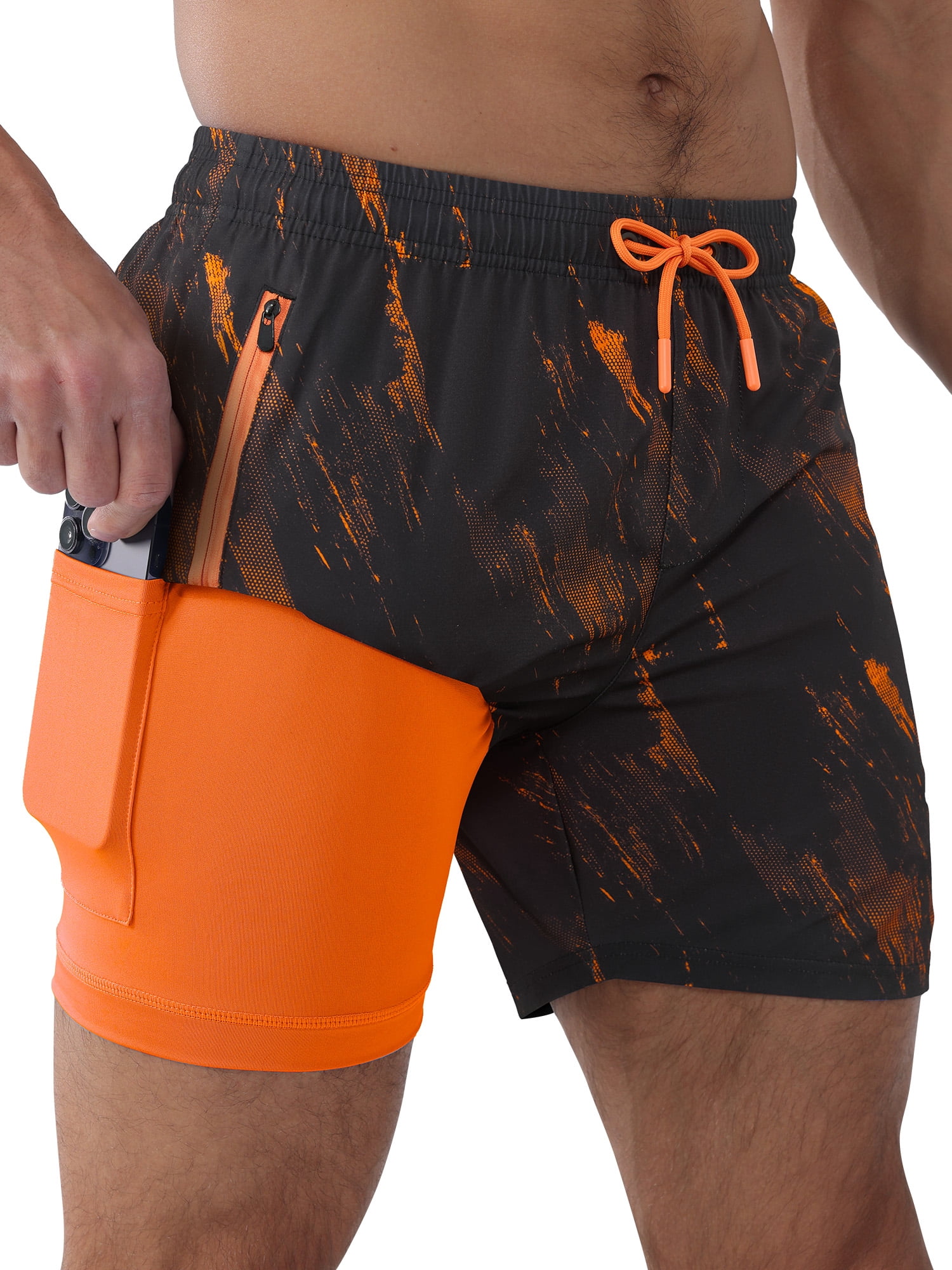 APTRO Mens Swim Trunks with Compression Liner 5 inch Inseam Quick Dry 2 in 1 Beach Bathing suits with Zipper Pockets Orange02 M