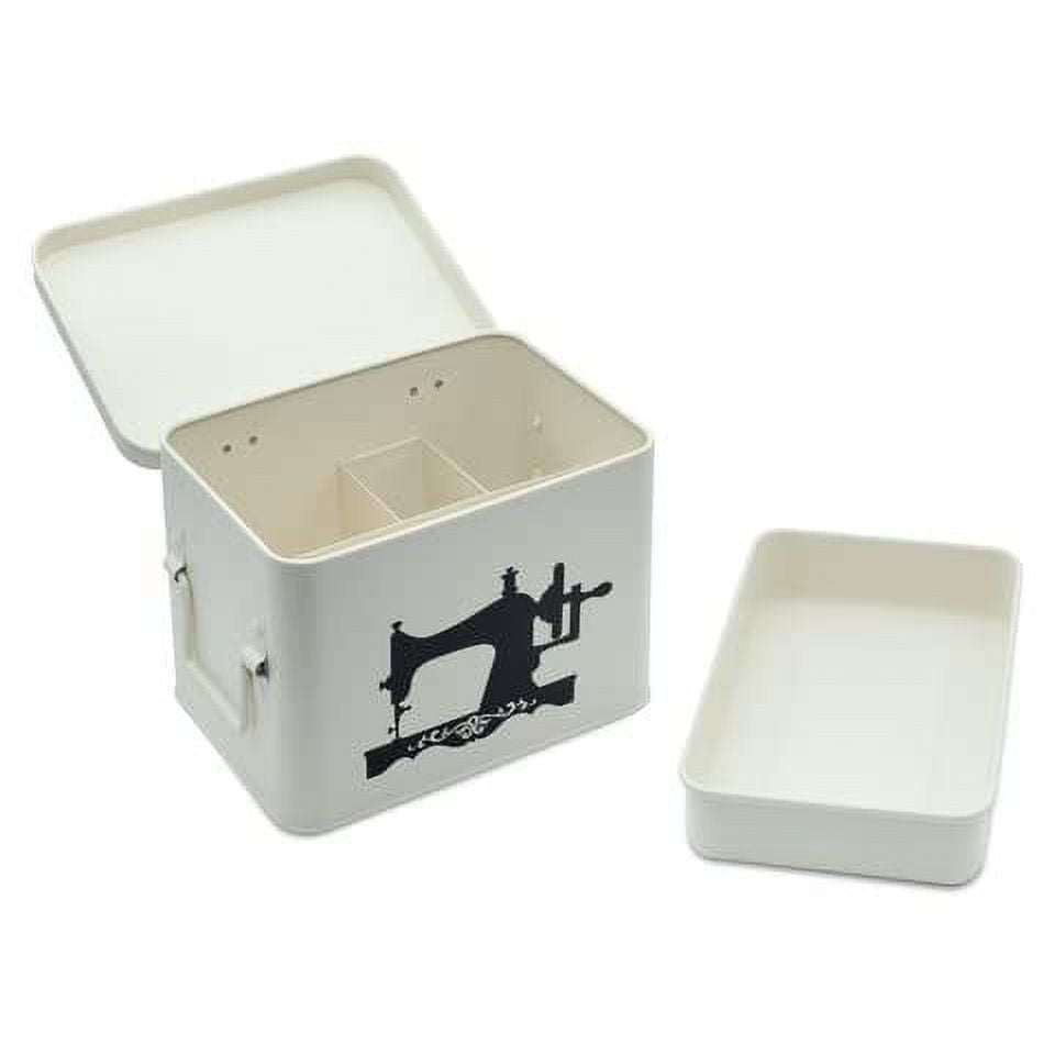 AQ Matte White Sewing Box for Sewing Supplies - Removable Tray, Multipurpose Tin with Secure Lid for Threads, Sewing Clips, Crafts, Buttons - Vintage Sewing Tin for Your Quilting and Sewing Supplies