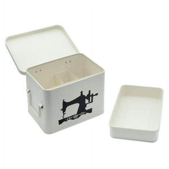AQ Matte White Sewing Box for Sewing Supplies - Removable Tray, Multipurpose Tin with Secure Lid for Threads, Sewing Clips, Crafts, Buttons - Vintage Sewing Tin for Your Quilting and Sewing Supplies