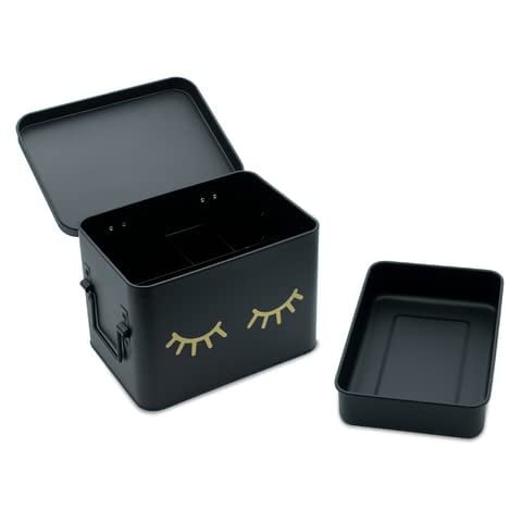 AQ Organizational Divided Metal Tin Eyelash Caddy with Hinged Lid & Removable Tray (Matte Black & Gold)
