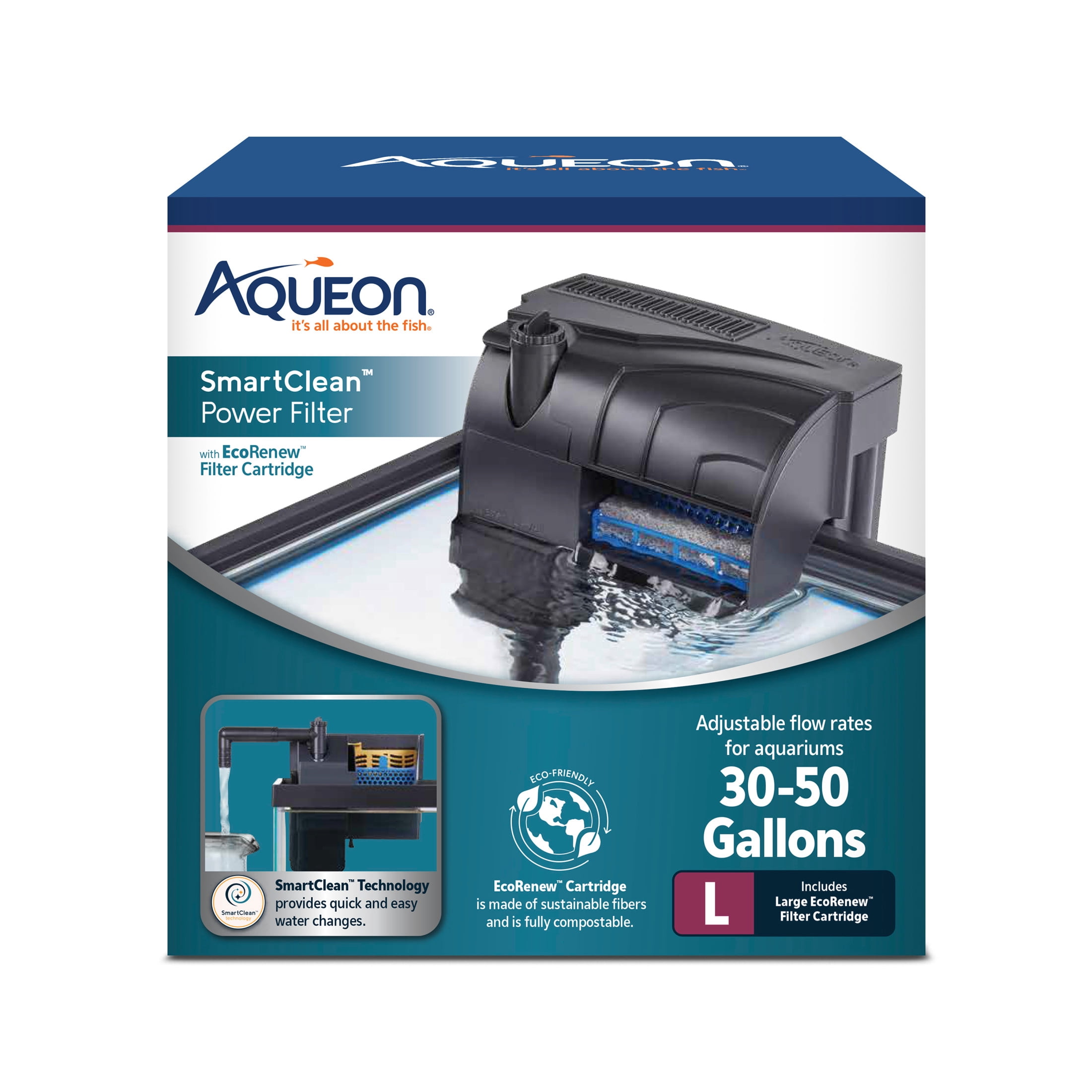 Aqueon SmartClean Power Filter with EcoRenew Filter Cartridge 30-50 ...