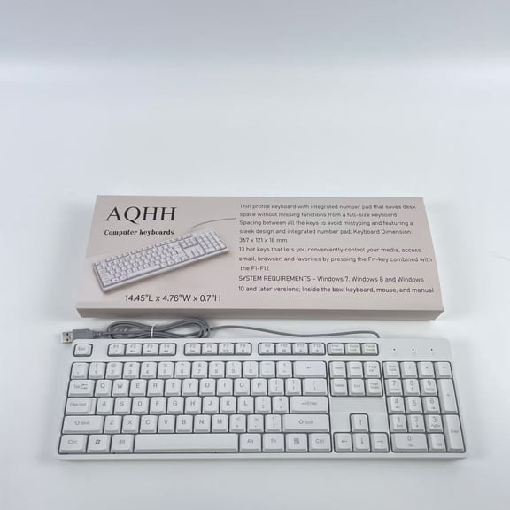 AQHH Computer keyboards,Wired Quiet USB Keyboard - 14.45x4.76x0.70 Inches - Compact Design with Number Pad - White