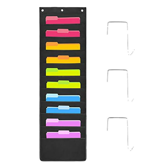 AQITTI Heavy Duty 10 Pocket Door Hanging File Organizer, Black Wall Storage Pocket Charts with 3 Hangers, Great for Classroom, School, Home Or Office Use (10 Pocket)