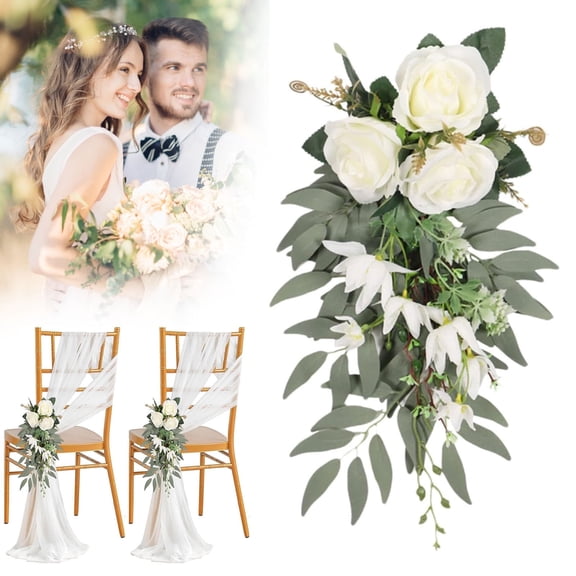 AQITTI Home Decoration Wedding Aisle Chair Decorations Flowers Rose Floral Wedding Chair Back Flowers with Leaves and Ribbons Church Chair Flowers Flower Decor for Wedding