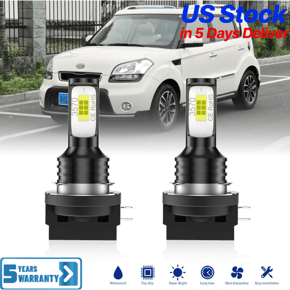 AQJ For Kia Soul 2012 2013 LED Headlight Bulbs, H11B Low Beam Lamp, 1800LM 500% Ultra-Bright Bulb, Plug & Play 6,000K White, Pack of 2
