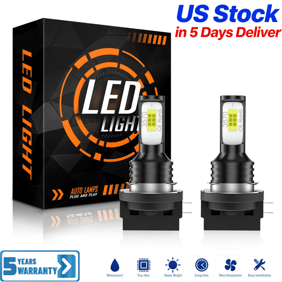 AQJ H11B LED Headlight Bulbs Hi/Low Beam, 1800LM 500% Ultra-Bright Bulb, Plug & Play 6,000K White, IP68 Waterproof, Pack of 2