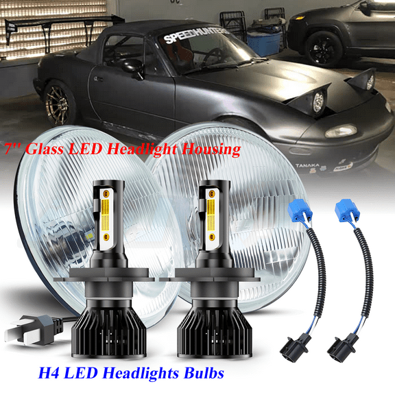 AQJ For Mazda Miata 1990-1997 Pair 7inch Round LED Headlights High Low Beam, 7 Inch H6024 Glass Round LED Headlight Housing + H4/9003 Dual Beam LED Headlight Bulbs