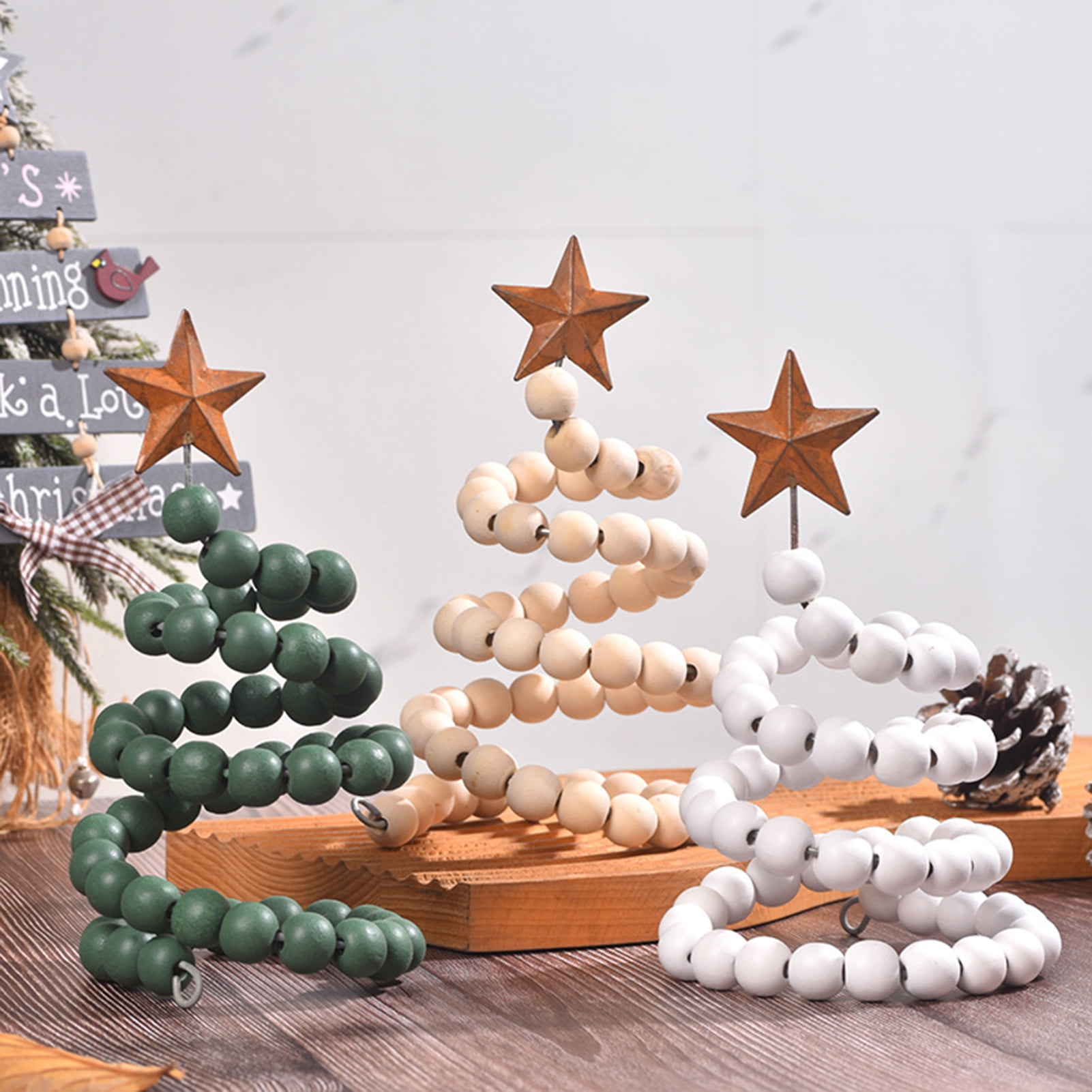 AQJW Wooden Beads Christmas Tree Tabletop Decoration Wooden Christmas AQJW Wooden Beads Christmas Tree Tabletop Decoration Wooden Christmas