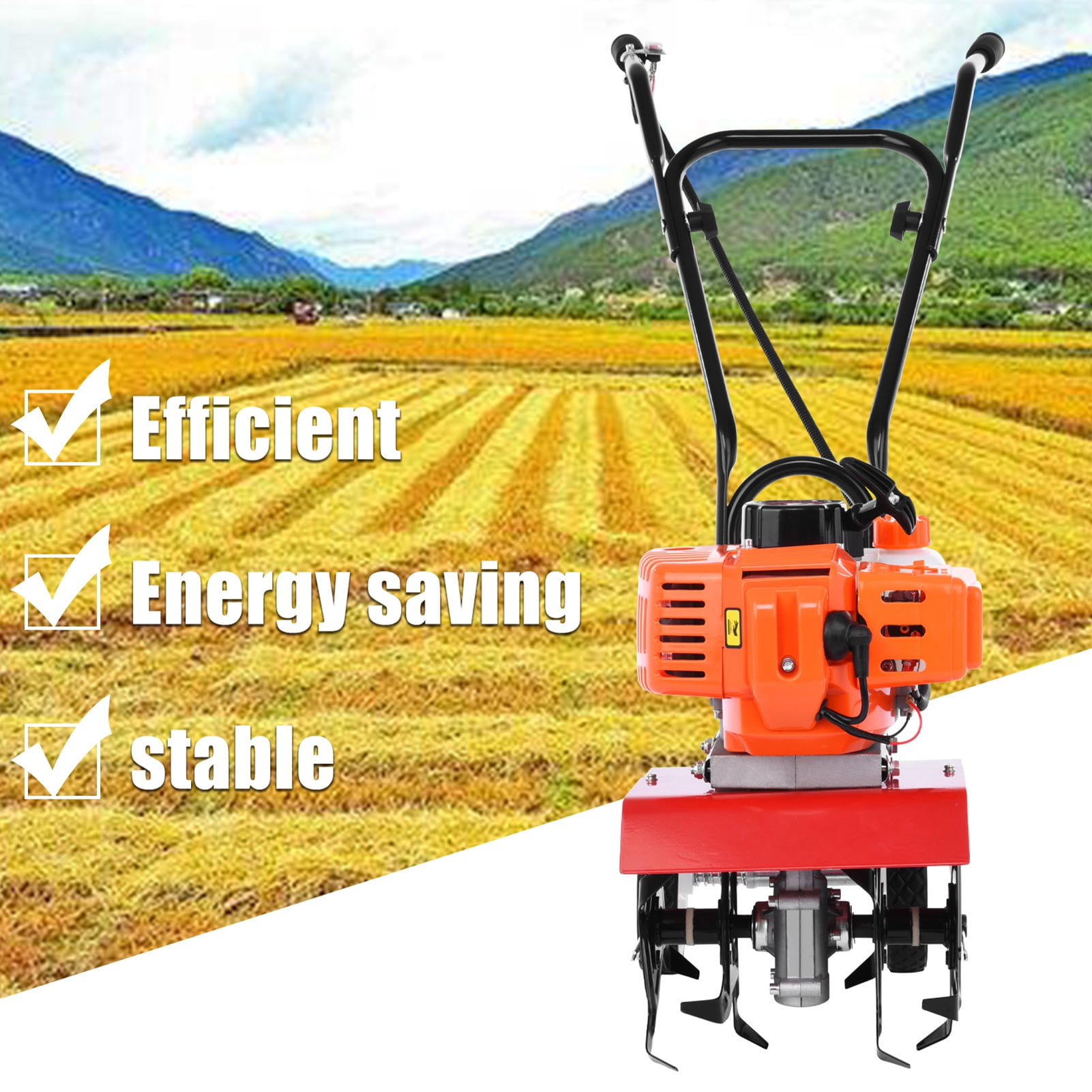 52cc Gasoline Garden Tiller, 2-Stroke Mini Cultivator With 3-10cm Working Depth, 30cm Working Width, Lightweight Soil Rotavator With Ergonomic Handle Orange