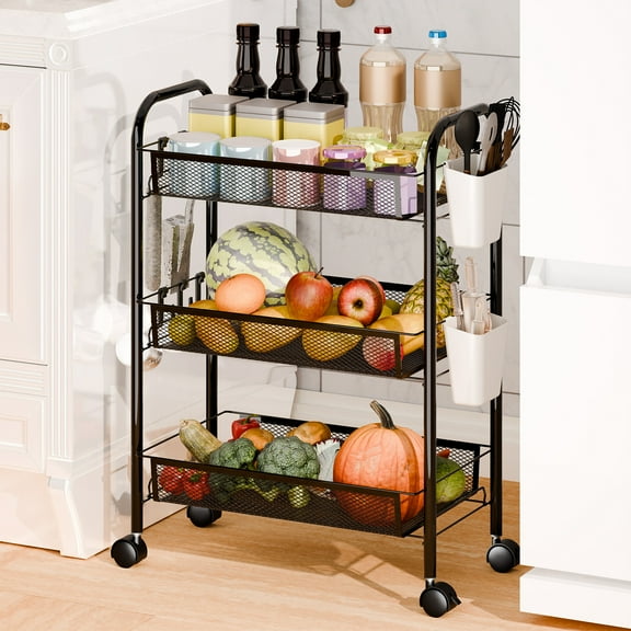 AQMD 25" Rolling Kitchen Cart with Wheels and Storage Shelves, 3-Tier Fruit Vegetable Cart Stand with 3 Hooks, Black for Kitchen, Pantry, Bathroom