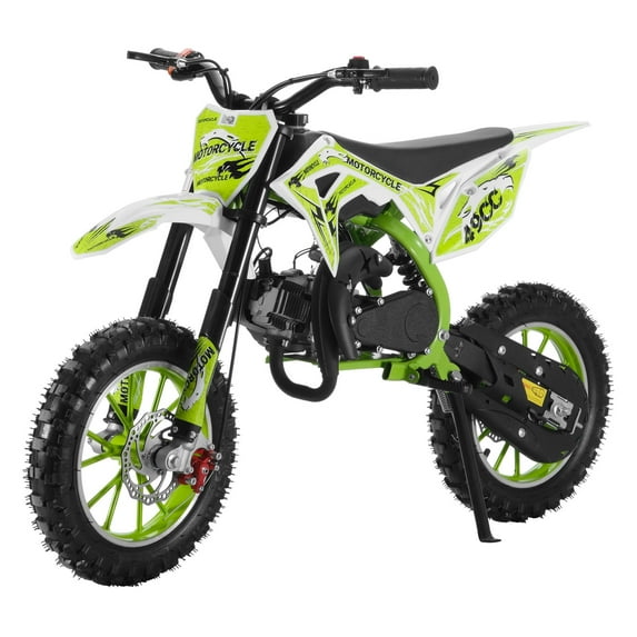 AQMD 49cc Kids Dirt Bike, 2-Stroke Gas Mini Bikes, Off-road Mini Motorcycle, Children Pocket Motorbike with Front Rear Disc Brakes, Pull Start, Green