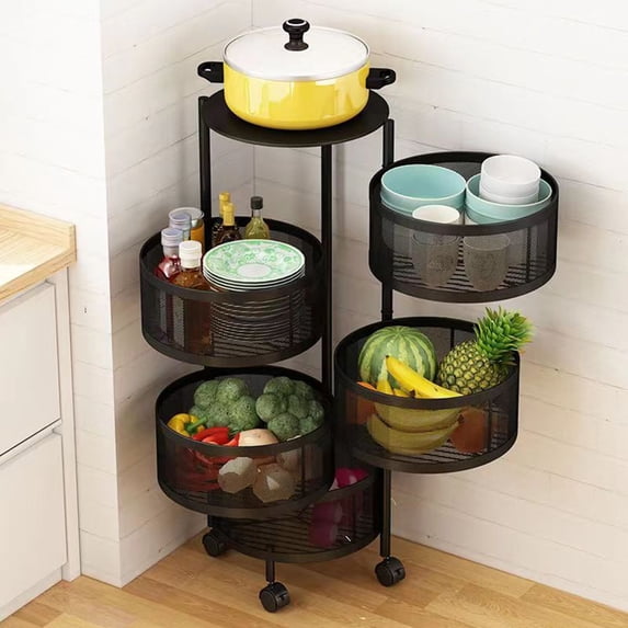 AQMD 5 Tiered Rotating Shelf Large Storage Rack with 360 Degree Wheels Fruit Vegetable Trolley with Top Lid for Living Room, Office, Kitchen, Black
