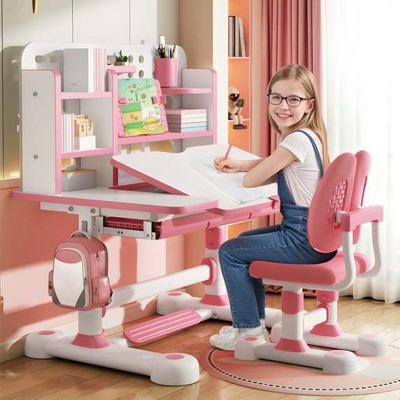 AQMD Adjustable Kids Desk and Chair Set for Healthy Posture | Ergonomic Children's Study Desk with Tilt Desktop, Bookshelf & Drawer, Ideal for Reading, Writing & Drawing, Pink