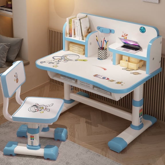 AQMD Kids' Desk Chairs Set, Height Adjustable Child Study Desk with Castle Backboard, Widened Desktop, Bookstand and Storage Drawer (Blue)