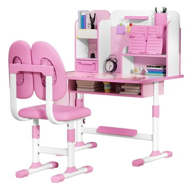 AQMD Kids Study Desk Chair Set, Height Adjustable Children School Study Table Chair Set with Sitting Corrector, Ergonomic Desk Chair with Book Stand, Bag Hook, Foot Pedal, Partition Design (Pink)