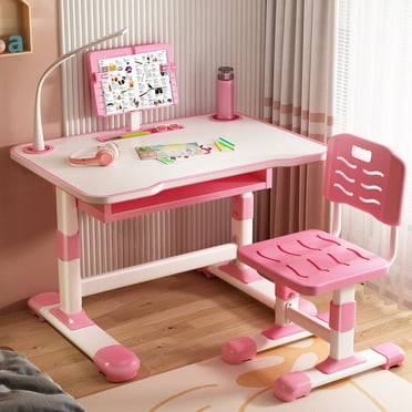 AQMD Kids Study Desk Chair Set, Height Adjustable Toddlers Writing Table with Tiltable Reading Stand, Living Room Bedroom Children Learning Table with Extra Large Drawer,Pink
