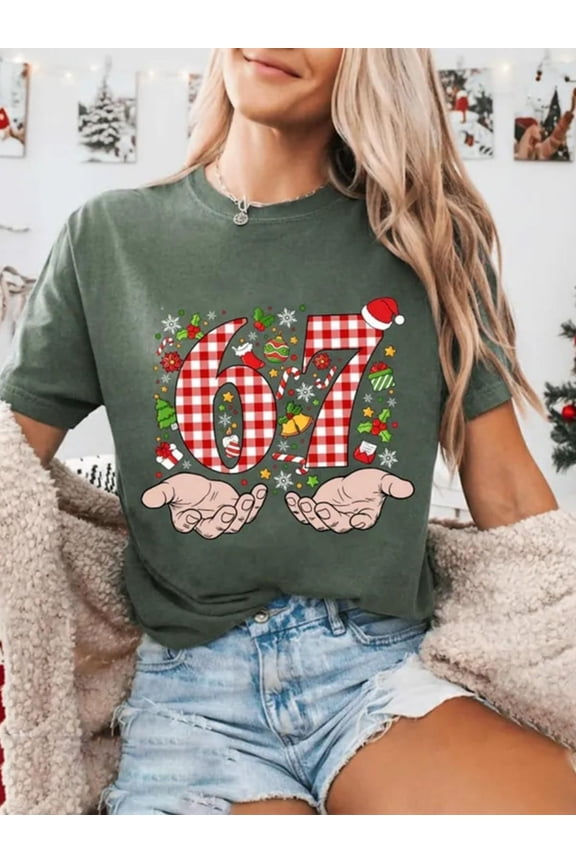 Women's Christmas 67 Graphic T-Shirt - Funny Holiday Number Tee, Short Sleeve Casual Comfort Fit Top