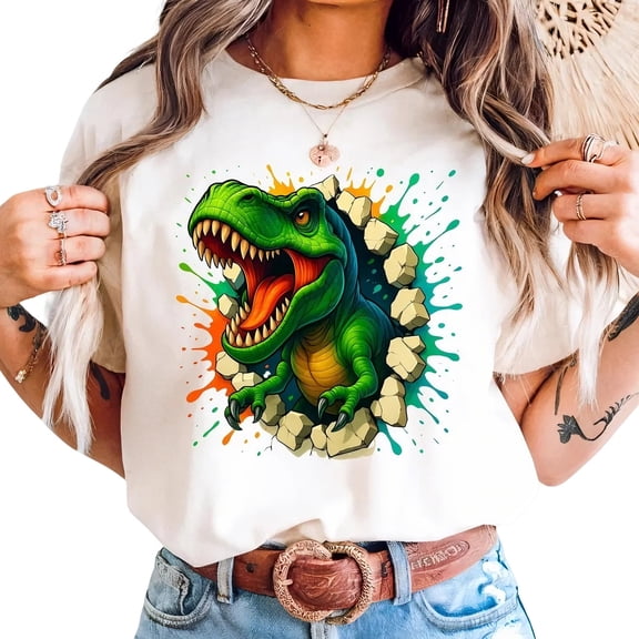 AQOCRITIK Dinosaur Graphic Tee – Women’s Oversized Short-Sleeve T-Shirt, Casual Printed Trendy Tee, Daily Wear Fashion Shirt